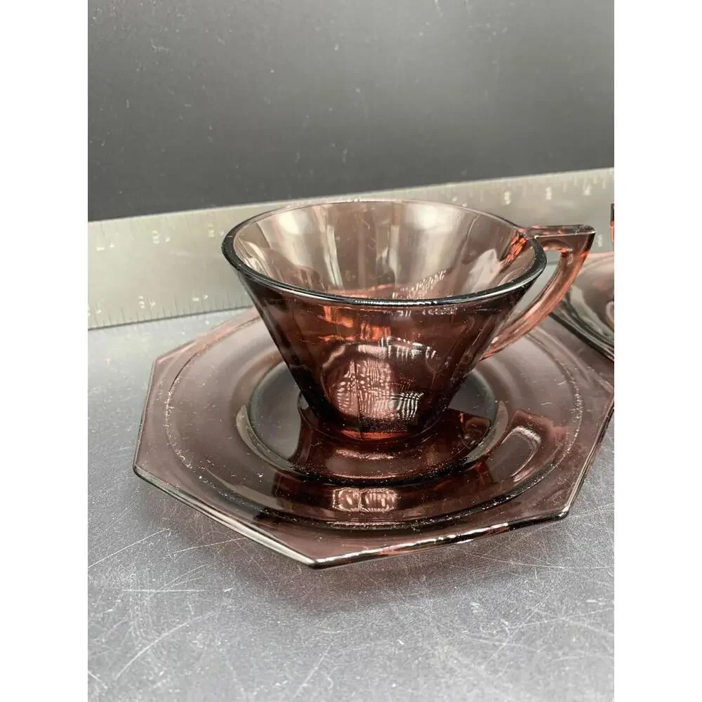 Amethyst Hazel-Atlas Moroccan Depression Glass Cup And Saucer Octagon - Picture 8 of 9